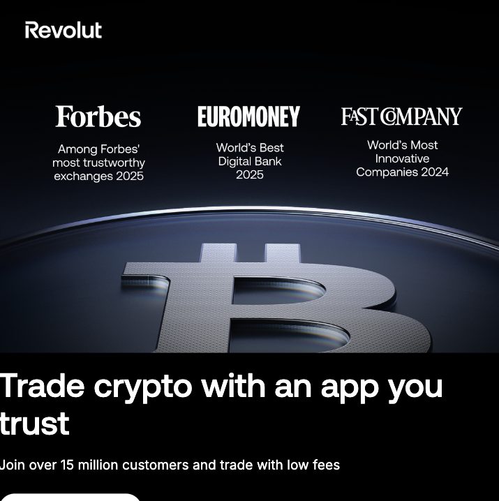 A dark Revolut email: press logos, a bitcoin, a headline