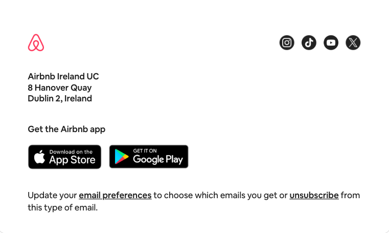 The Airbnb email footer: address, social links, app badges