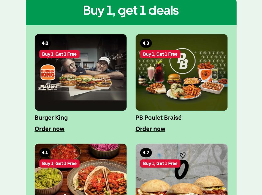 A grid of buy one, get one deals in an Uber Eats email