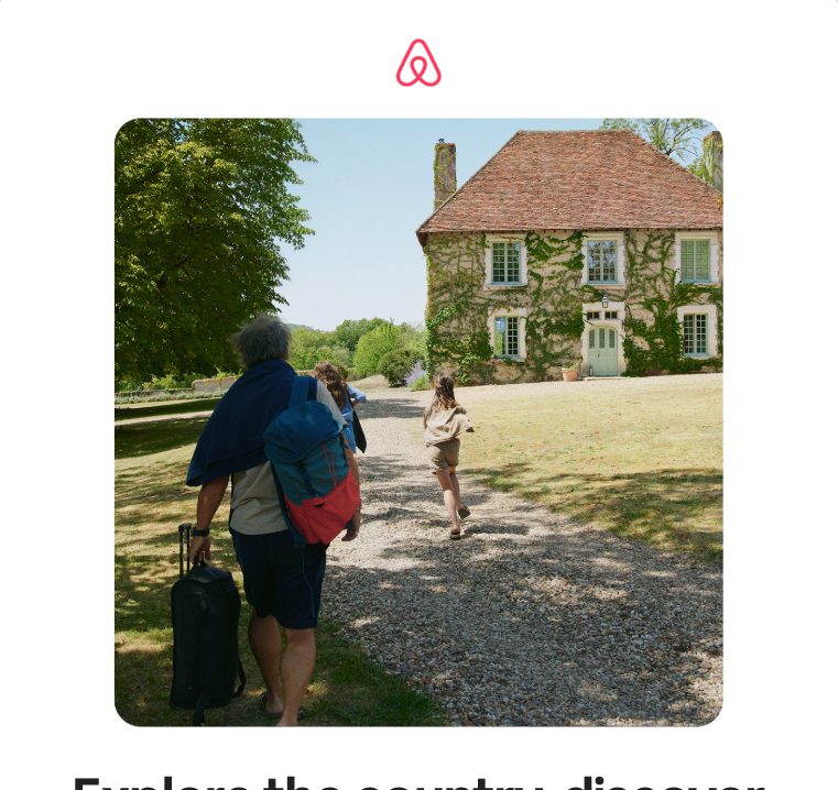 An Airbnb newsletter: hero photo, headline, sections
