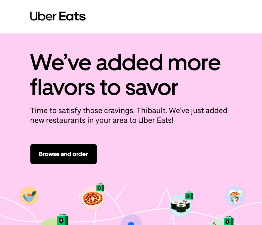 An Uber Eats promo: pink hero, headline, button