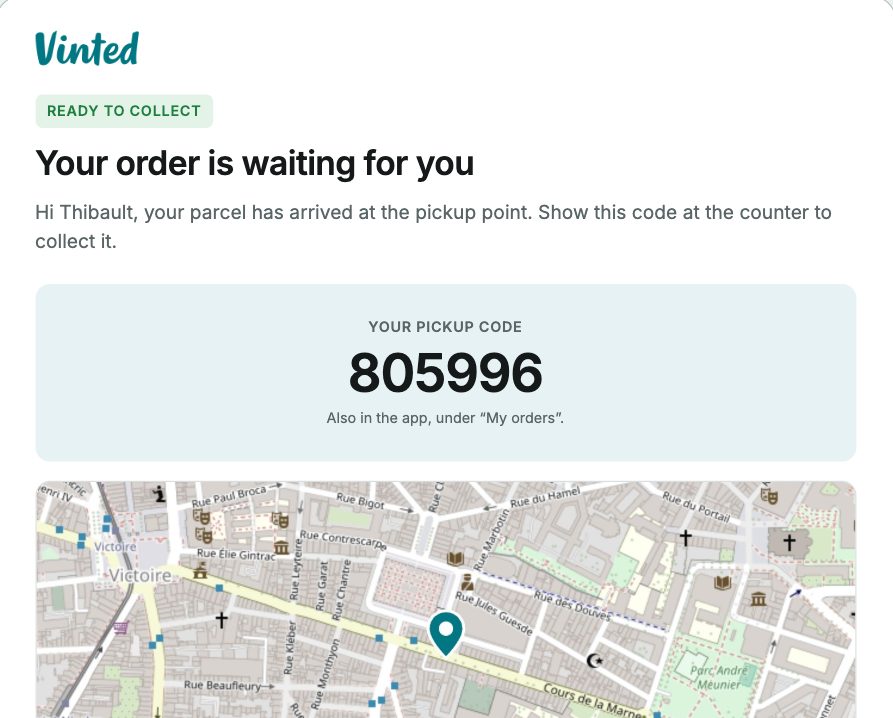 A Vinted pickup email: order status, pickup code, map