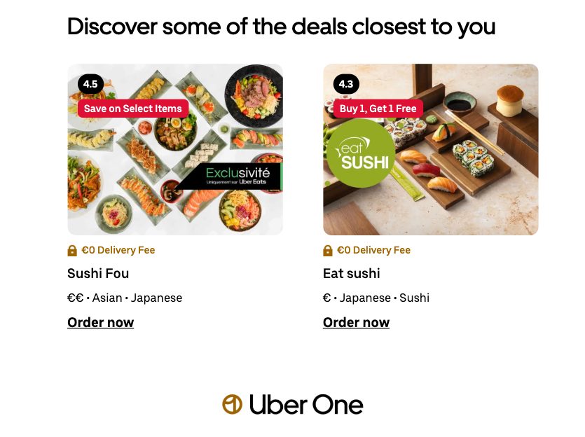 Two columns of restaurant deals in an Uber Eats email