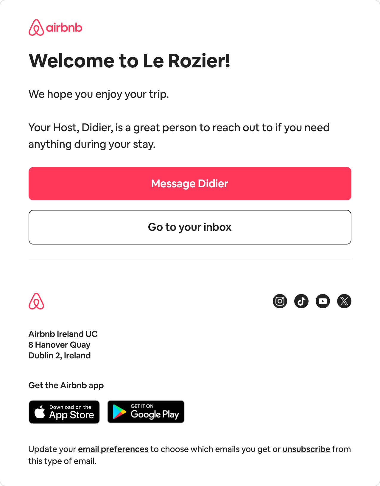 The welcome email Claude created through Mailkick MCP: the Airbnb header component, the brand button style and the footer component